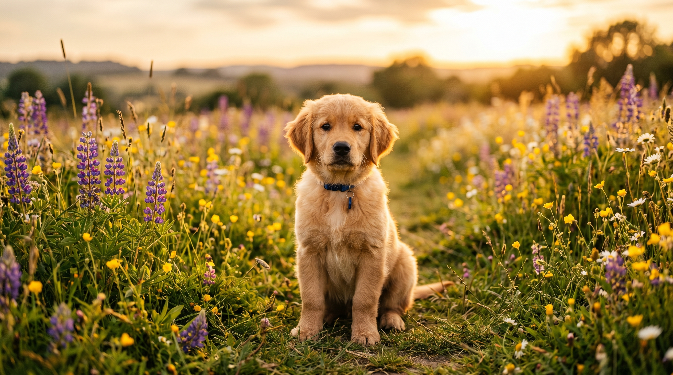 Golden retriever at golden hour